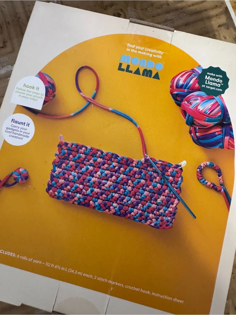 Mondo Llama Crochet Pouch Kit – Pink & Blue Multicolor Tablet Sleeve Craft Kit